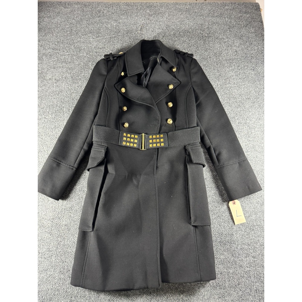 Zara Basic Military Trench Coat Womens L Black Wool Blend Belted Gold Buttons